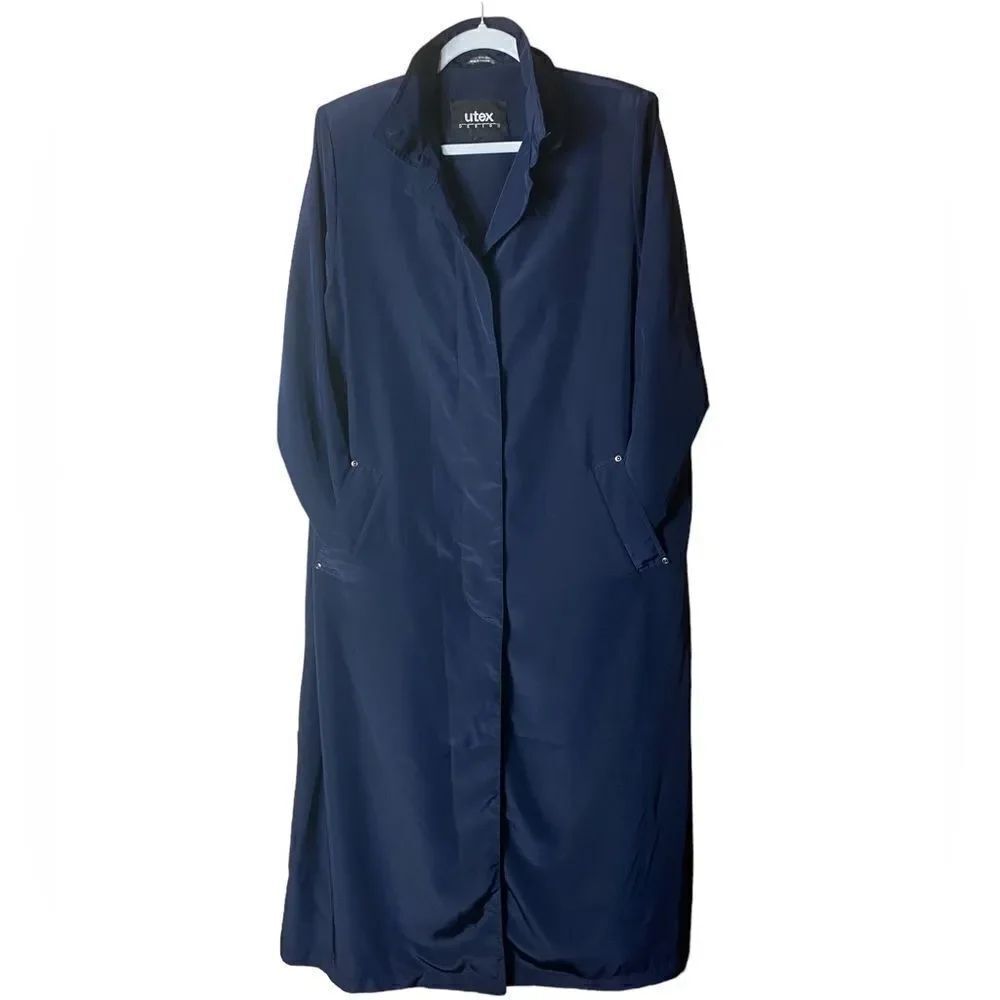 UTEX Design Wm’s Sz 10 Navy Blue Long Hidden Button Raincoat Long Trench Coat